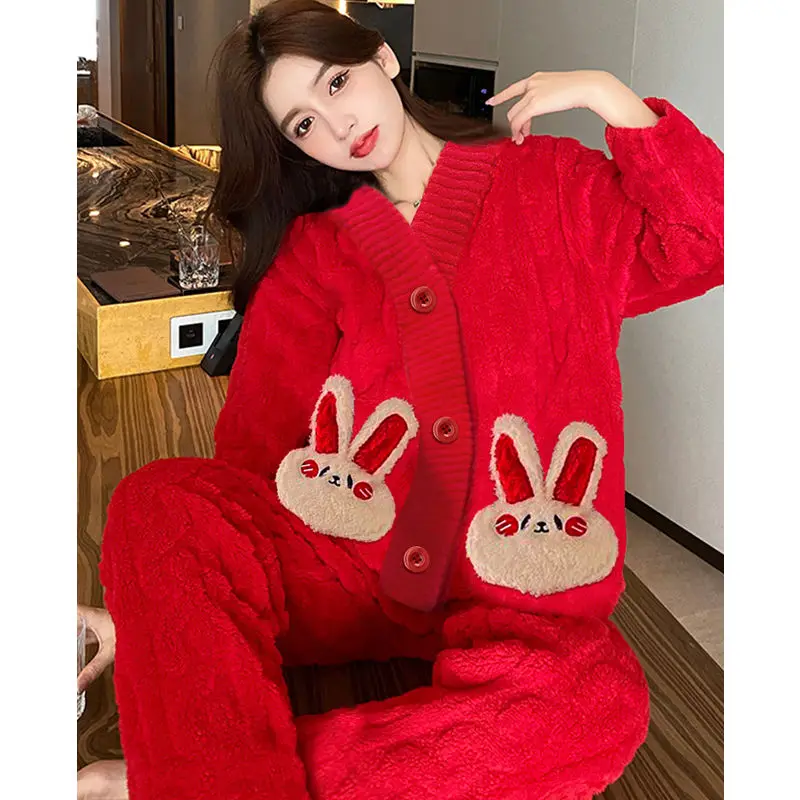 2024 New Fashion Joyous Red Coral Fleece Pajamas New Year's Birthday Gift Sleepwear Women Casual Cute Home Fur Set Outside Wear