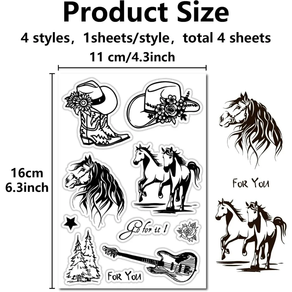 4 Styles Horse Clear Rubber Stamp Animal Vintage Silicone Stamp Seal Transparent Silicone Stamps for Journaling Card Making DIY