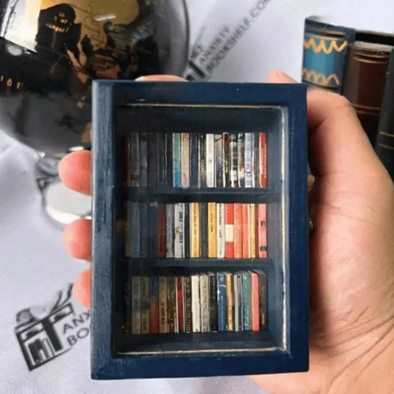 Estantería en miniatura, estantería de bolsillo para ansiedad, biblioteca de libros pequeños de madera, estantería para aliviar el estrés, mesa