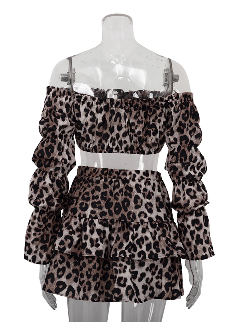 Marthaqiqi Leopard Print Women Nightgown Set Slash Neck Sleepwear Long Sleeve Pajama Crop Top Nightie Shorts Ladies Pyjamas Suit