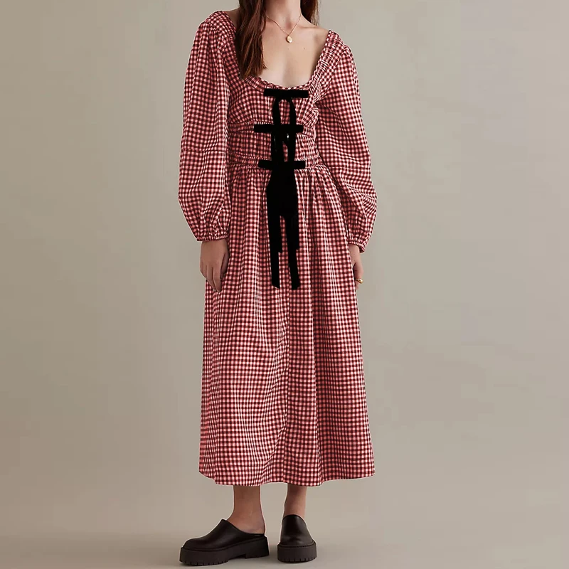 Women's 2024 Summer Boho Square Neck Front Bow Midi Dress Lady Vintage Puff Long Sleeve Plaid Ruffle Backless Maxi Dress