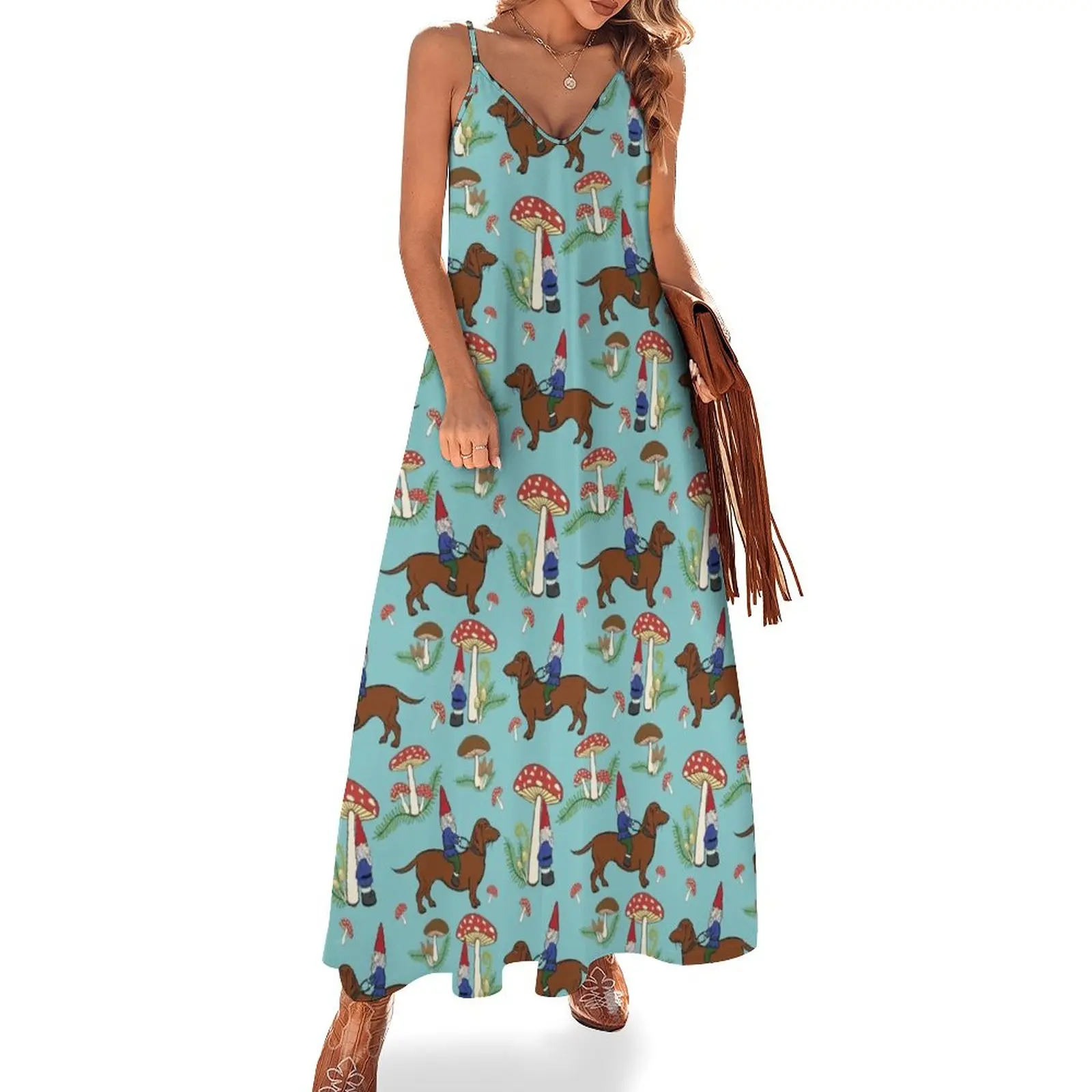 

Gnome and Dachshund in Mushroom Land, Turquoise Blue Background Sleeveless Dress Evening dresses Women's summer suit