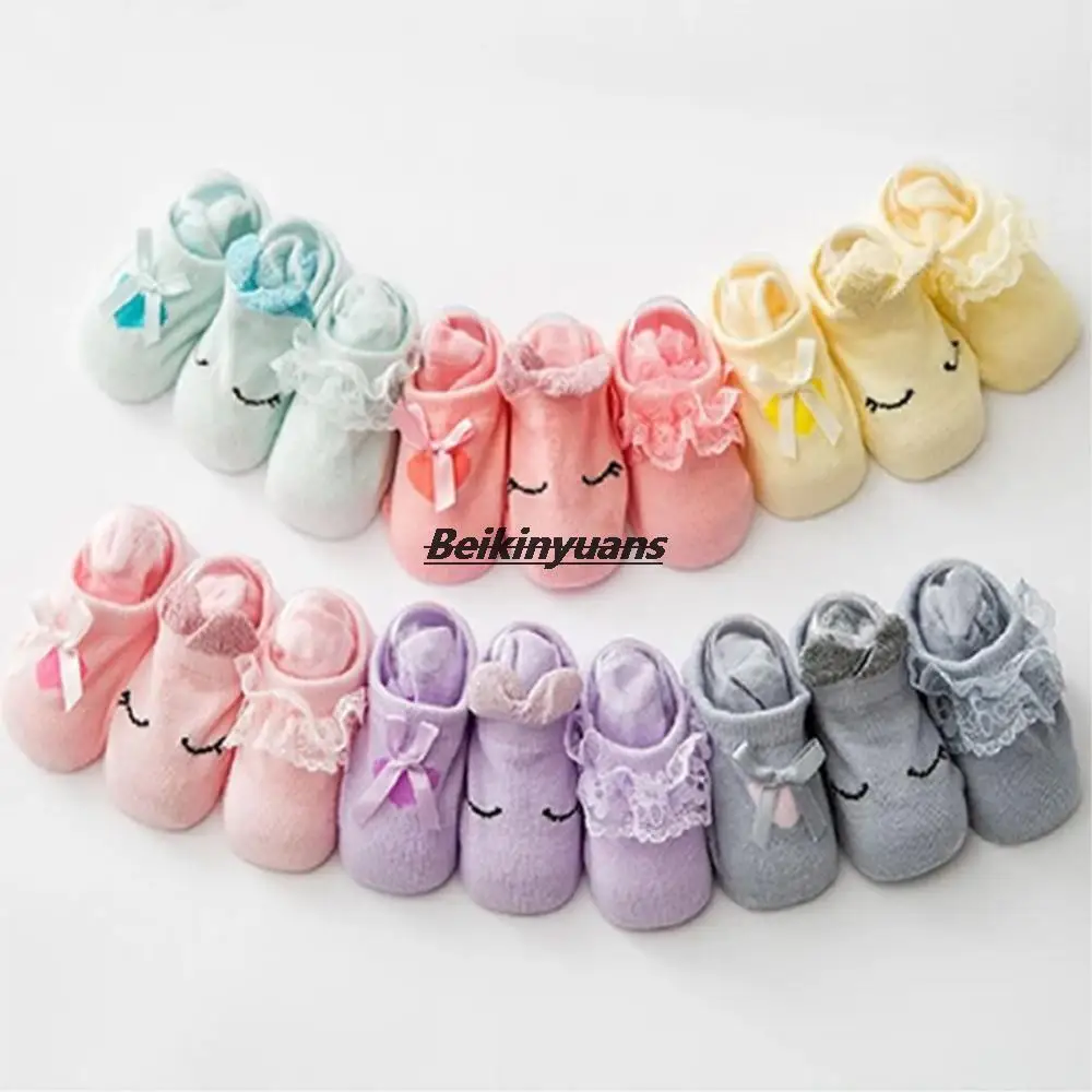 

3 Pairs/Lot Lace Flower Newborn Baby Socks Cotton Anti-Slip Kids Floor Socks Bow toddler Girl Sock Spring Girls short sokken