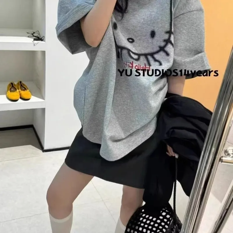 Camiseta de algodón puro con estampado de dibujos animados de Hello Kitty para mujer, camisetas holgadas Retro versátiles de manga corta, camisetas gráficas, ropa de mujer