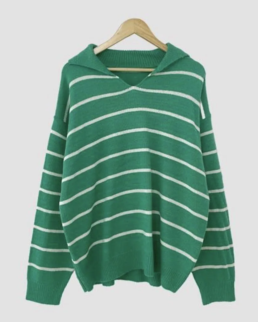 4 colores 2025 otoño estilo Preppy mujeres jerseys y suéteres jersey suelto rayas cuello vuelto suéter de punto (C2960)