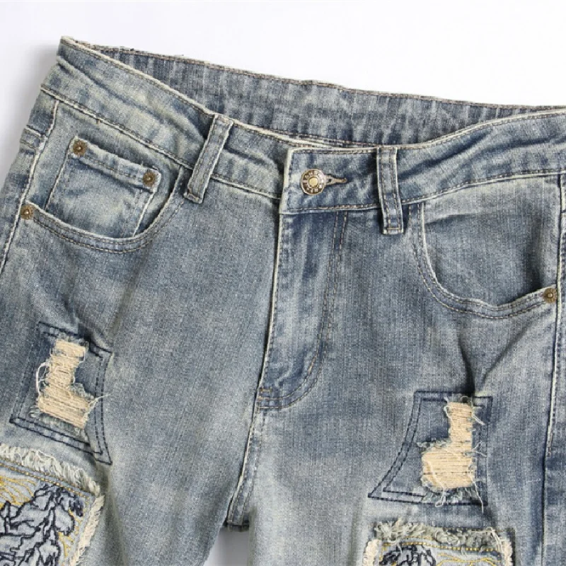 Ripped Jeans Men's Motorcycle Style Street Trend American Retro Nostalgic Stretch Embroidery Slim Fit Straight Leg Trousers