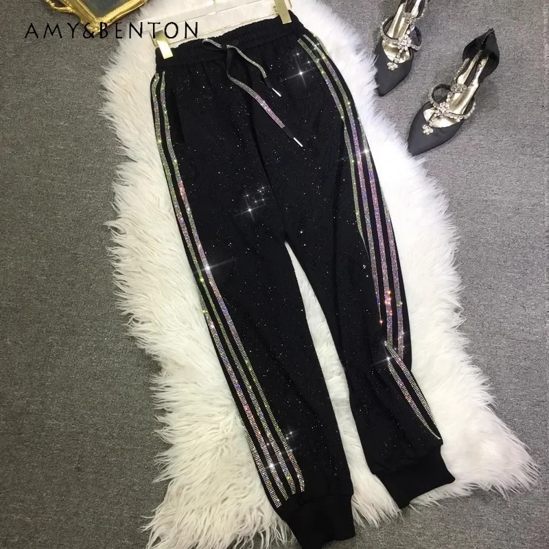 

New Heavy Industry Diamond Drills Sweatpants Women's Thin Black Line Corded Casual Sports Trousers Autumn And Winter Flash Pants