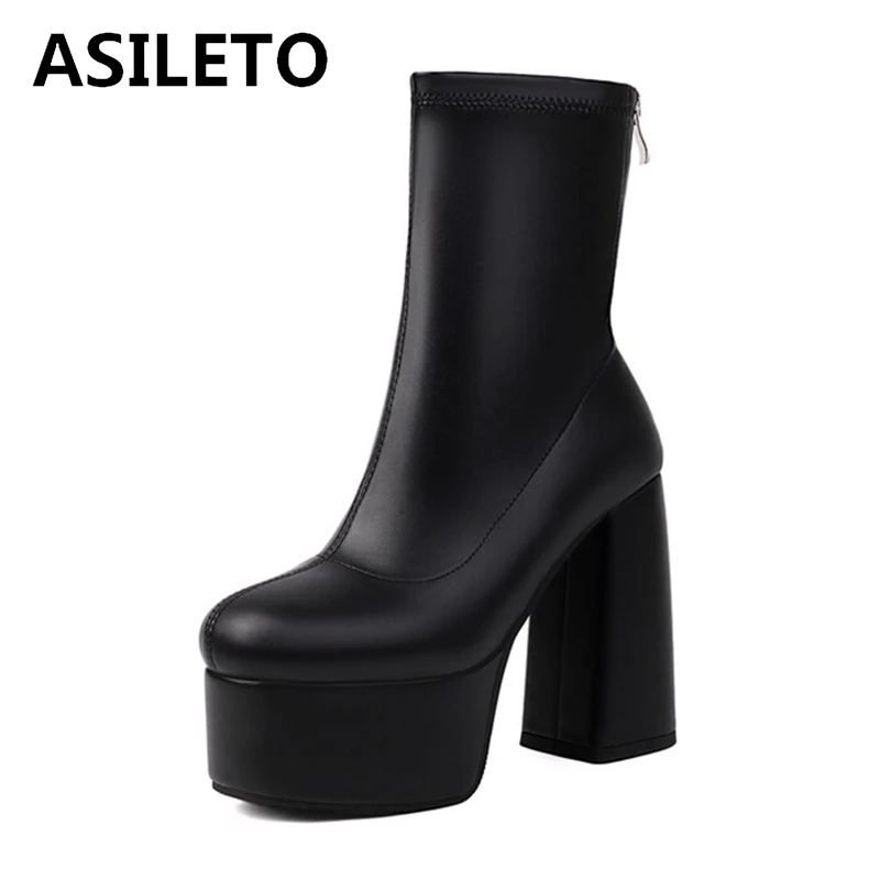 ASILETO 12.5cm Heel 5.5cm Platform Mortorcycle Boots Midcalf Autumn Winter Fashion Antislip Shoes Big Size 47 48 US17