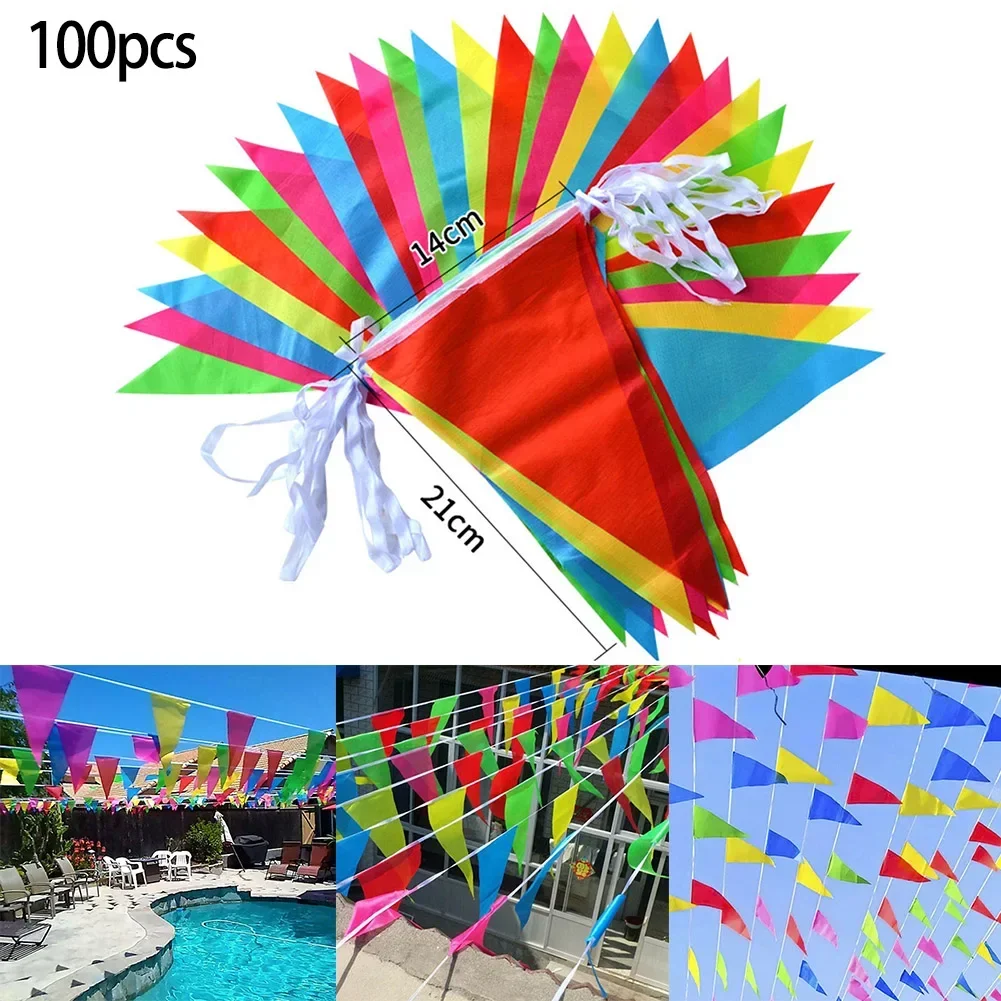 50M Multicolored Triangle Flags 100 Flags Hanging Flag Bunting Banner Pennant Festival Wedding Decor Birthday Party Supplies