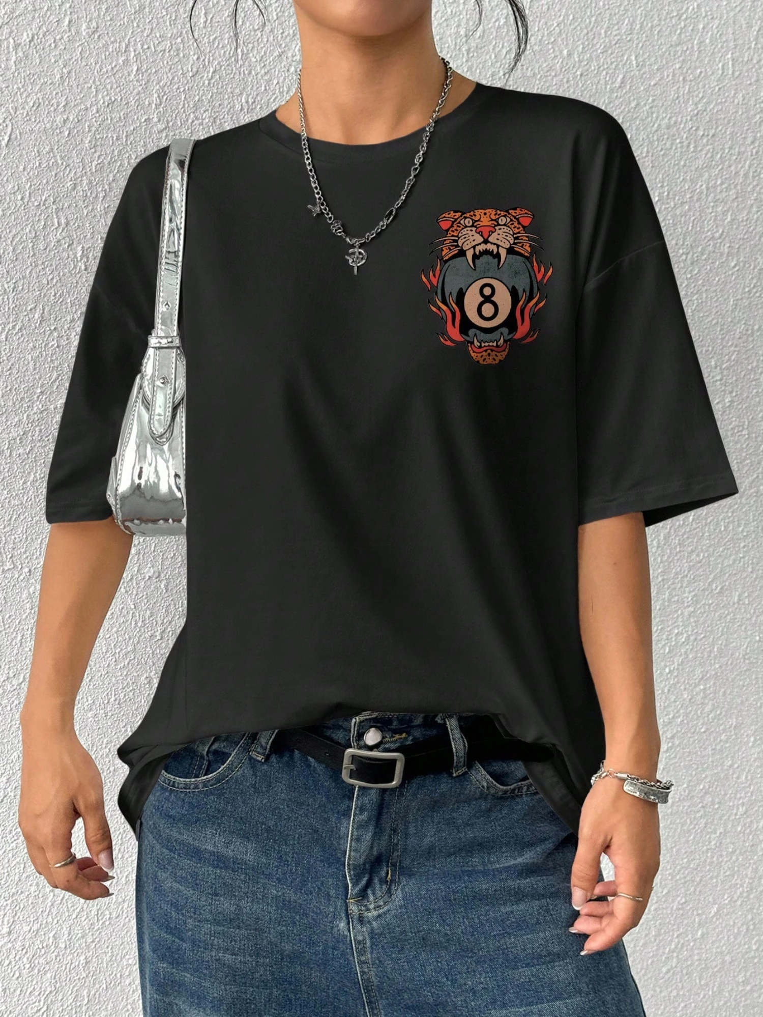 Women's Summer T-shirt Saber Tooth Tiger 8 Ball Vintage Graphic Short Sleeve Loose Tee For Y2K Street Daily Retro Casual Wear
