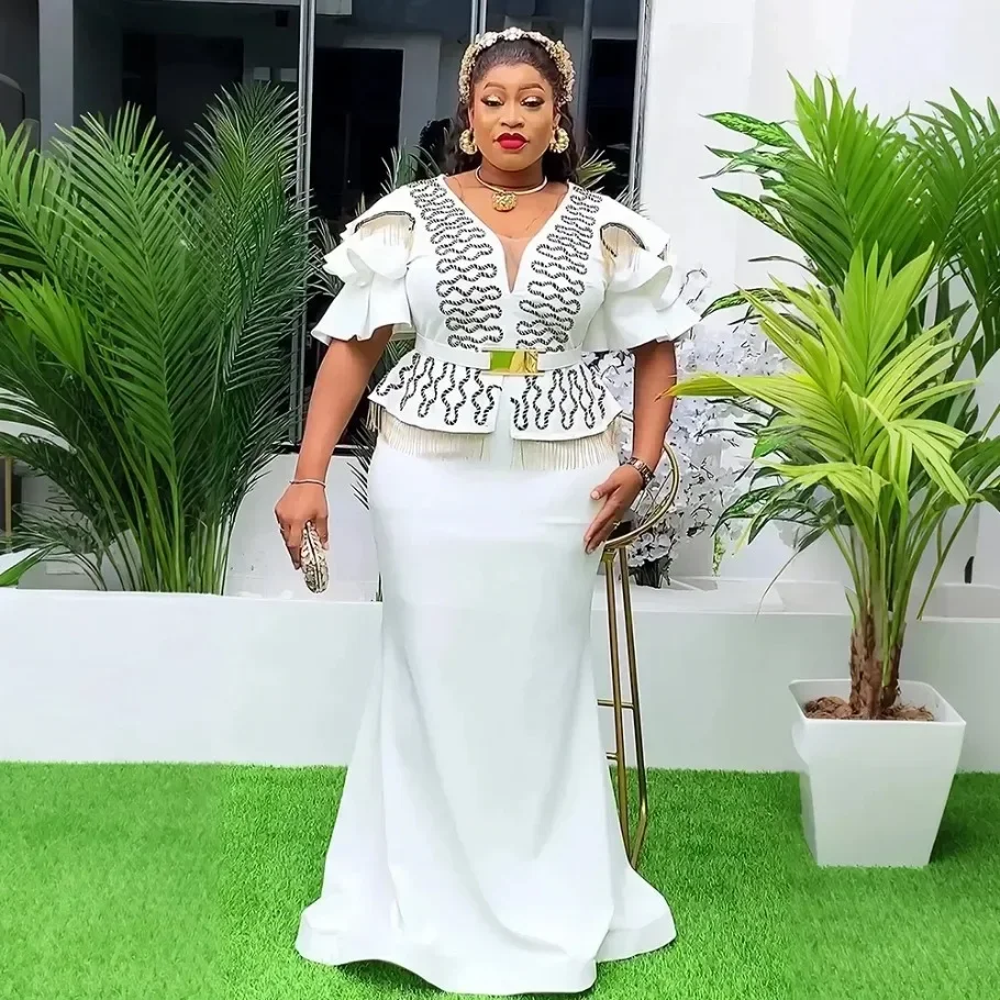 فساتين حفلات الزفاف الأفريقية الأنيقة المخصصة مقاس كبير للنساء للخريف الأفريقي برقبة على شكل حرف v فستان طويل ماكسي لعيد الميلاد Dre