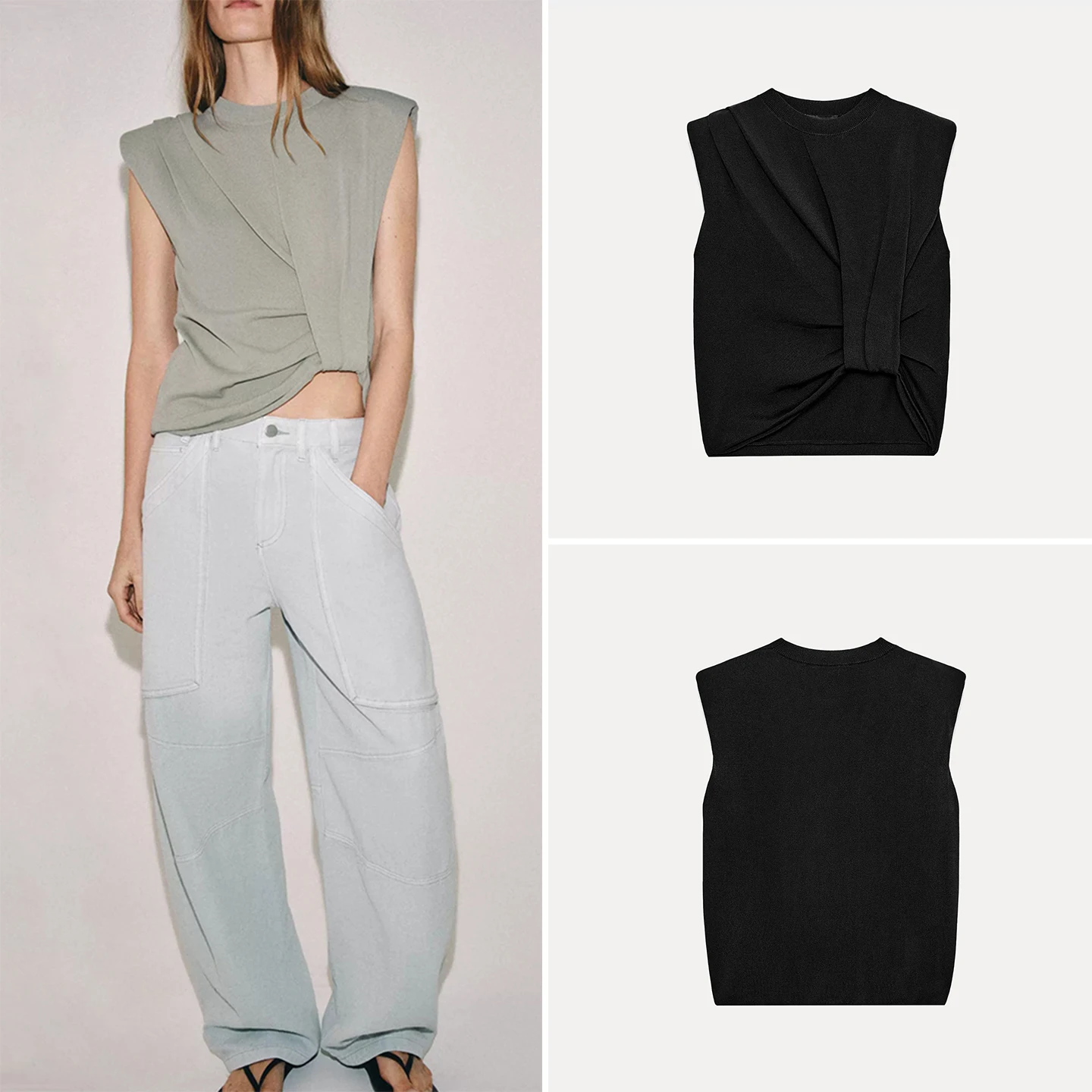 Fashionable Women's Knitted Top Summer 2026 Sleeveless round Neck Pleated Shoulder Pad Short Length Simple Style ZADATA Brand