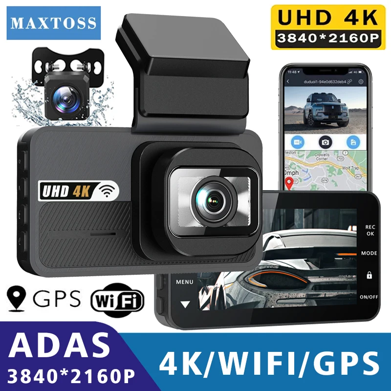 ADAS UHD 4K 3840x2160P 대시 캠, 3 인치 듀얼 렌즈 와이파이, GPS 미니 자동차 DVR 카메라, 비디오 드라이브 녹음기, 등록 블랙박스 