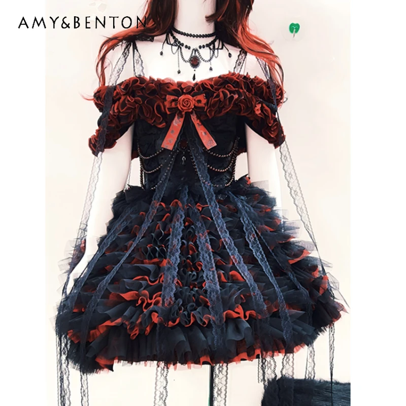 

Gothic Style 2025 Autumn Winter New Black Red Sexy Women's Clothing Punk Dark Design New Year Battle Dress Lolita Dresses Ladies