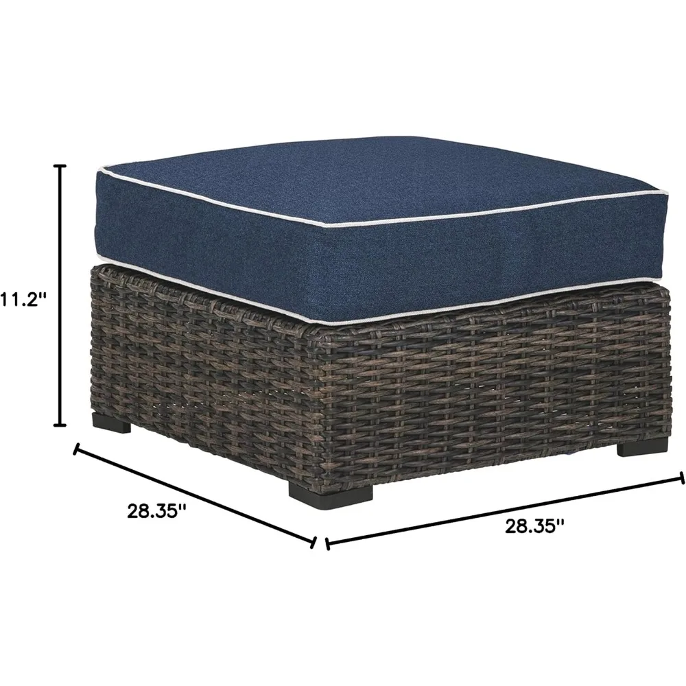 Grasson Lane Outdoor Patio Upholstered Ottoman with Wicker Base, Blue