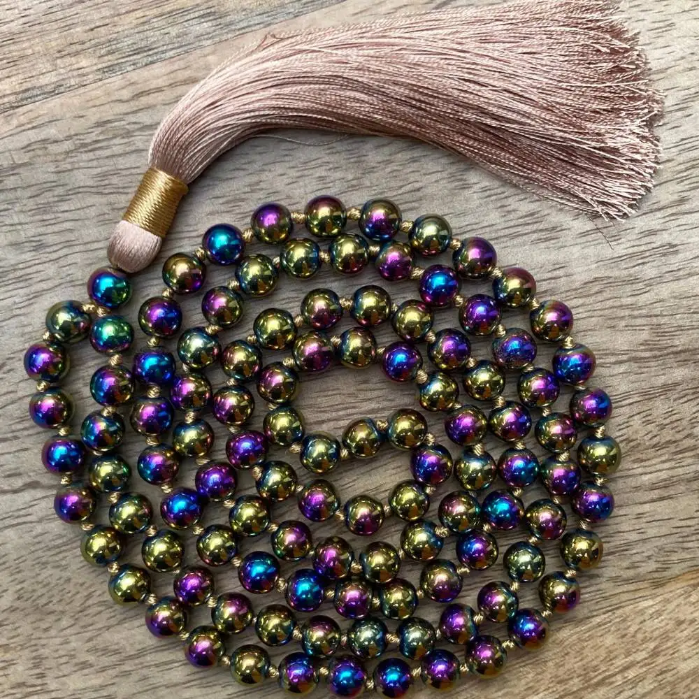 

Titanium Coated Hematite 108 Beads Mala Necklace with Pink Tassel Spiritual Meditation Jewelry