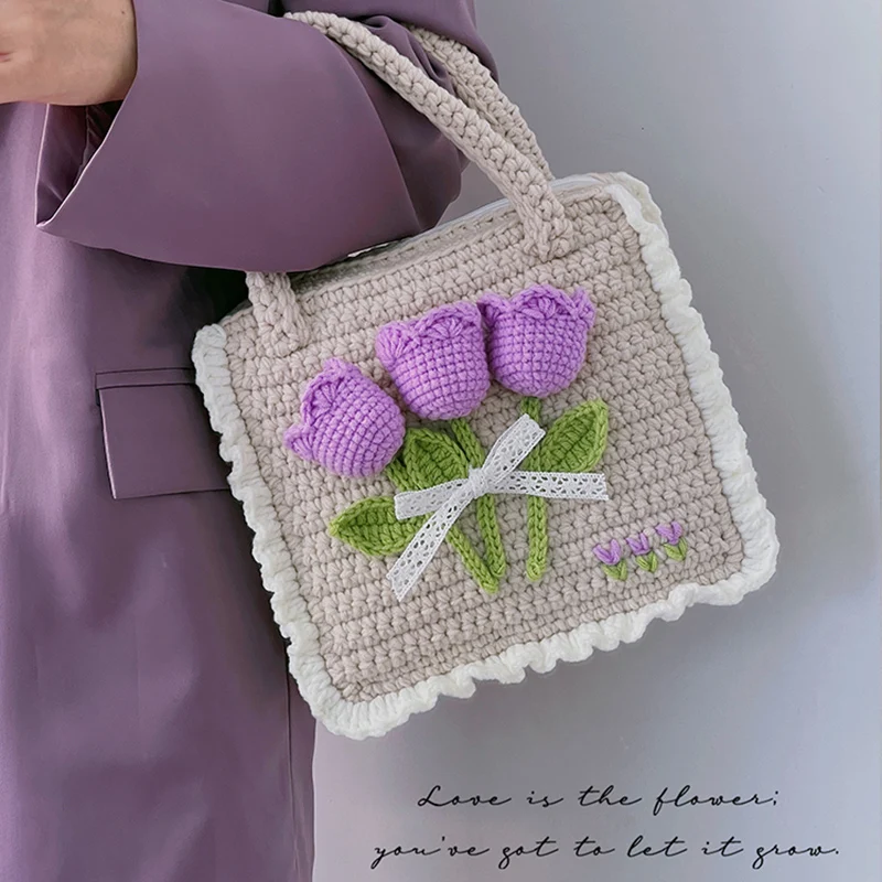 

【DIY Materials Package】Purple Tulip Yarn Hand Woven Bag Crocheting Selfmade Women's Handbag Knitted Bags Crochet Kit