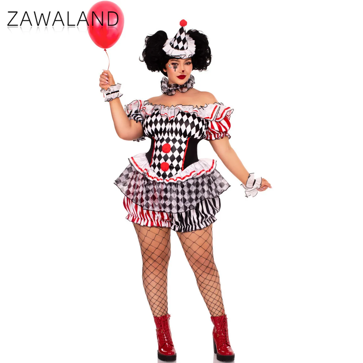 Schwarz Weiß Plaid Clown Cosplay Kostüm Für Frau Off Schulter Puff Sleeve Kleidung Karneval Festival Party Leistung Outfits