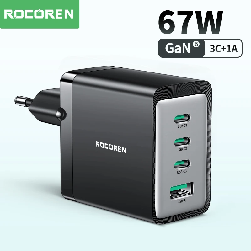 Rocoren 67W GaN Charger Fast Charging QC 4.0 3.0 Type C PD USB Charger Portable USB C Charger For iPhone 15 14 13 Samsung Xiaomi