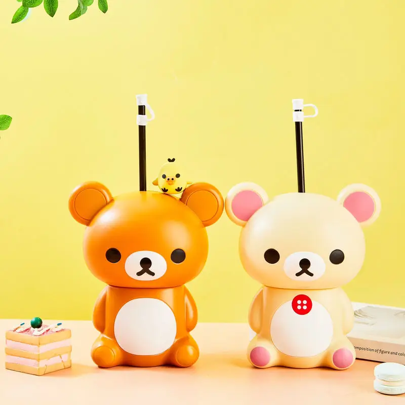 Cangkir Air Plastik Sedotan Anime Kartun Kawaii Rilakkuma 550ml – Mug Perut Besar Tahan Panas Bergaya Jepang yang Lucu Hadiah Kejutan