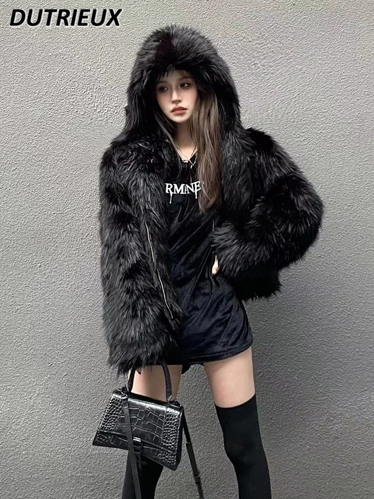 Winter Warm Black Faux Fur Hooded Furry Coat Woman 2023 Winter Ladies Long Sleeve Zipper Mid-length Faux Fox Fur Jacket Female