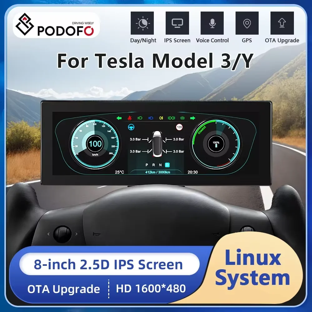 Podofo 8inch Head Up Display for Tesla Model 3/Y HUD Dashboard Display with Speedometer Gear Driving Mode OEM Style Carplay