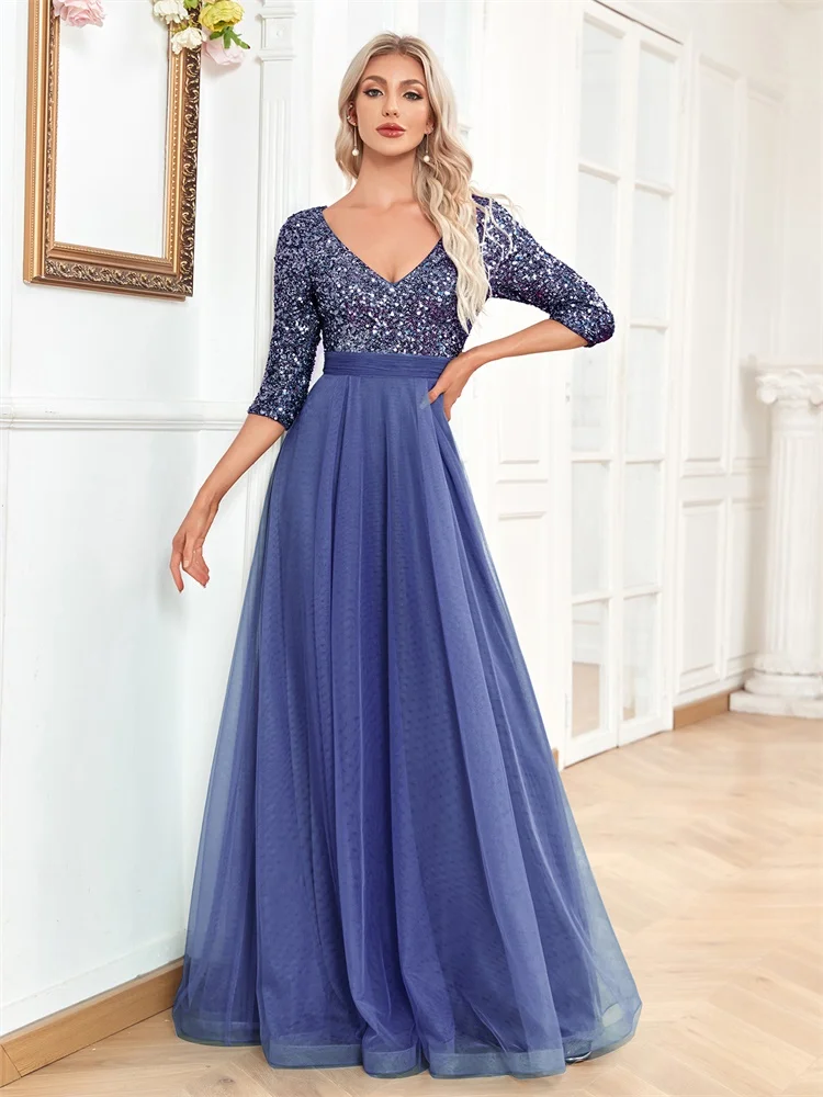 Luxury Black Floor Length V-Neck Tulle Splicing Evening Dress Women Elegant Party Maxi Sequins Short Sleeves Cocktail Gowns view 5