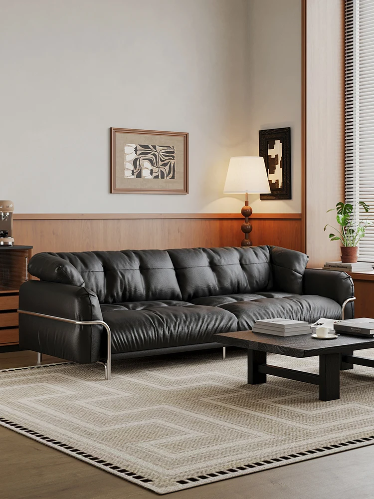 

Medieval style first-layer cowhide straight-row sofa modern black minimalist size apartment living room leather sofa black jazz