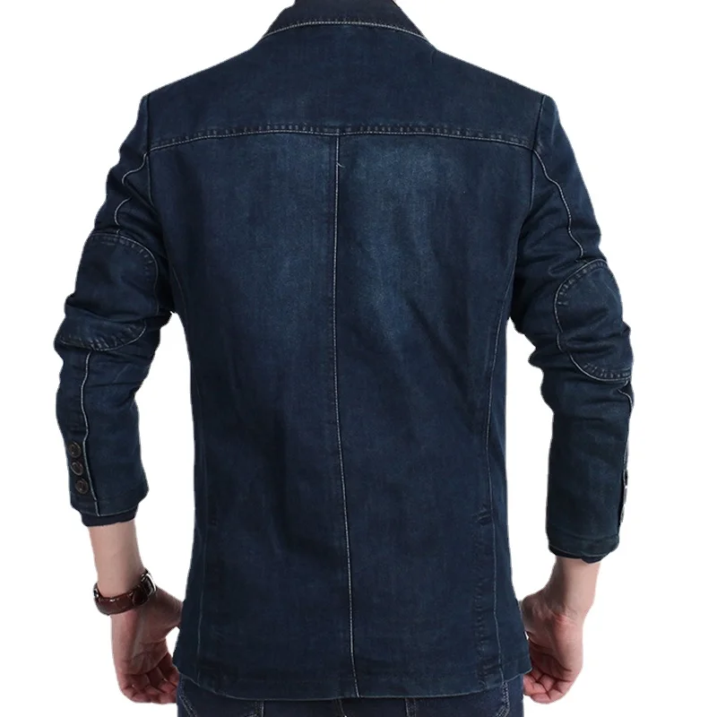 Blazers Jacket Men Casual Denim Slim Pocket Splicing Coat Men\'s Long Sleeve Single-Breasted Turn-down Collar Blazers Jacket