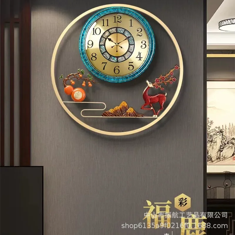 New Chinese Style Decorative Wall Clock Brass Light Luxury Deer Design Silent Quartz Clock for Living Room Household Home
