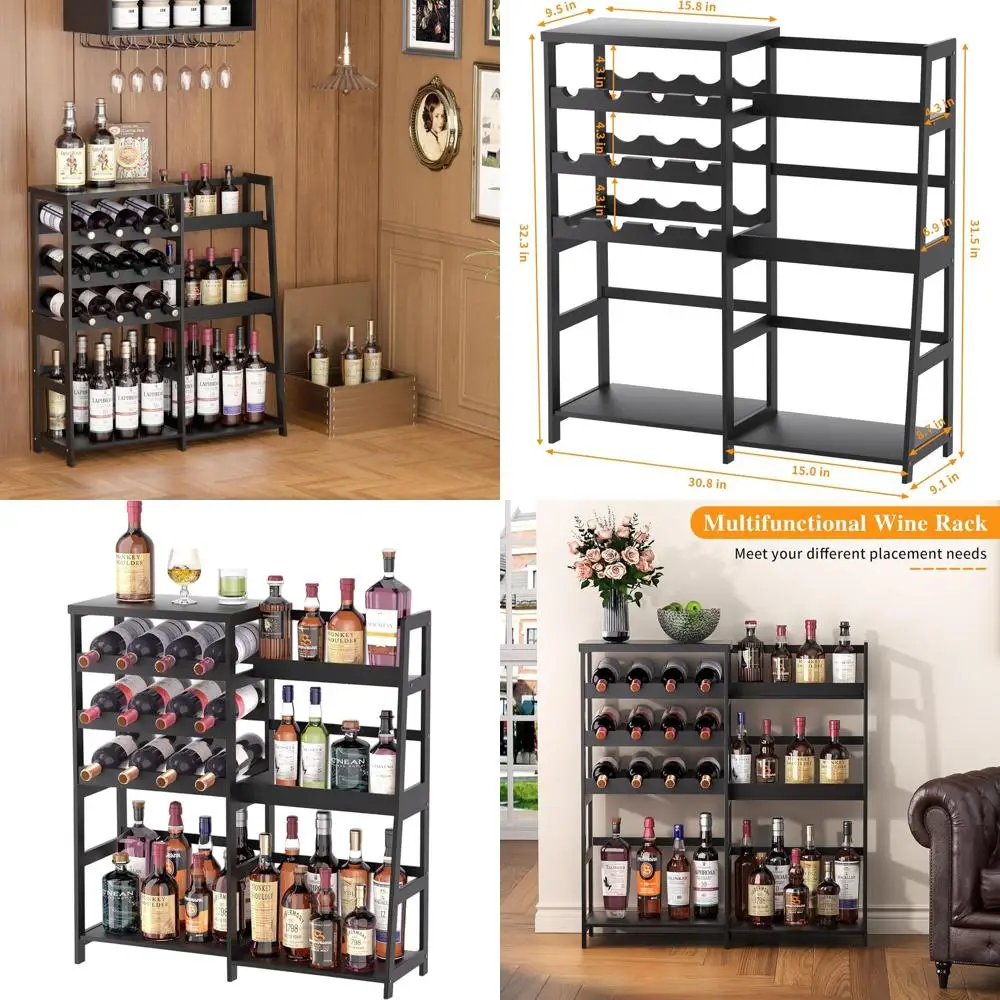 Compact Bamboo Liquor Shelf for Home Bar, Freestanding Wine Rack, Living Room Mini Bar Table, Black