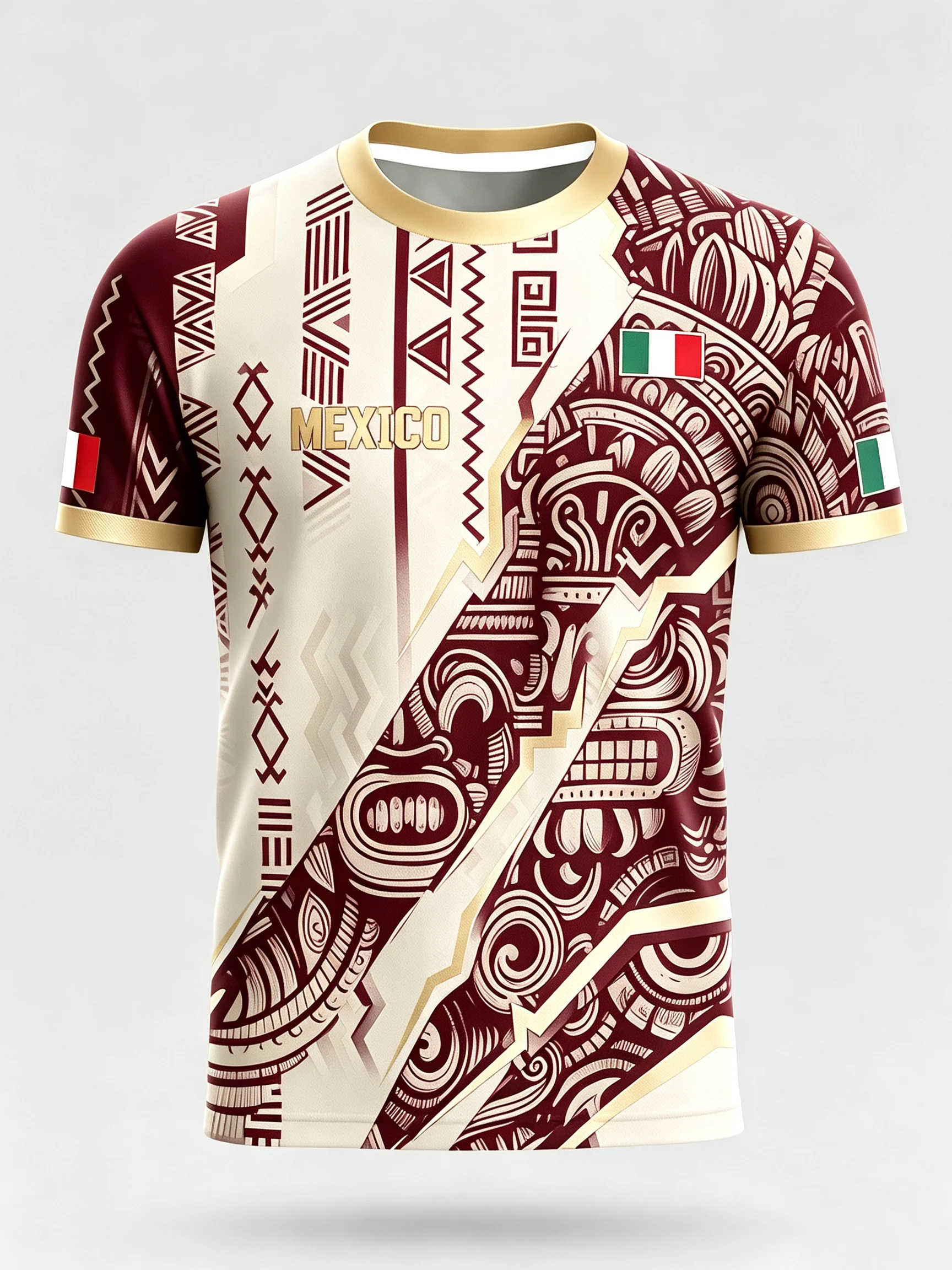 Mexico Eagle Totem Football Jersey Men Spliced Short Sleeve T‑Shirt Vertical MEXICO Letter Print Cuff Ethnic Pattern