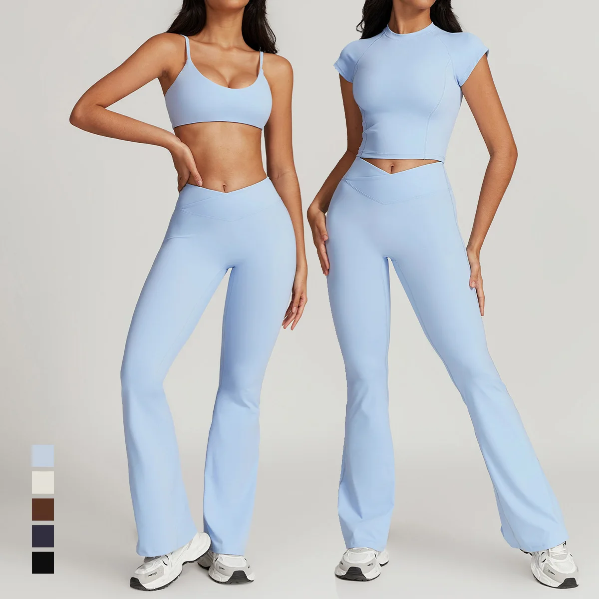 Yoga Set 2 piece Women Gym Push Up Flared Trousers Sport Bra Tracksuit Outfits Gym High Quality Short Sleeve Suit Tracksuit 8799