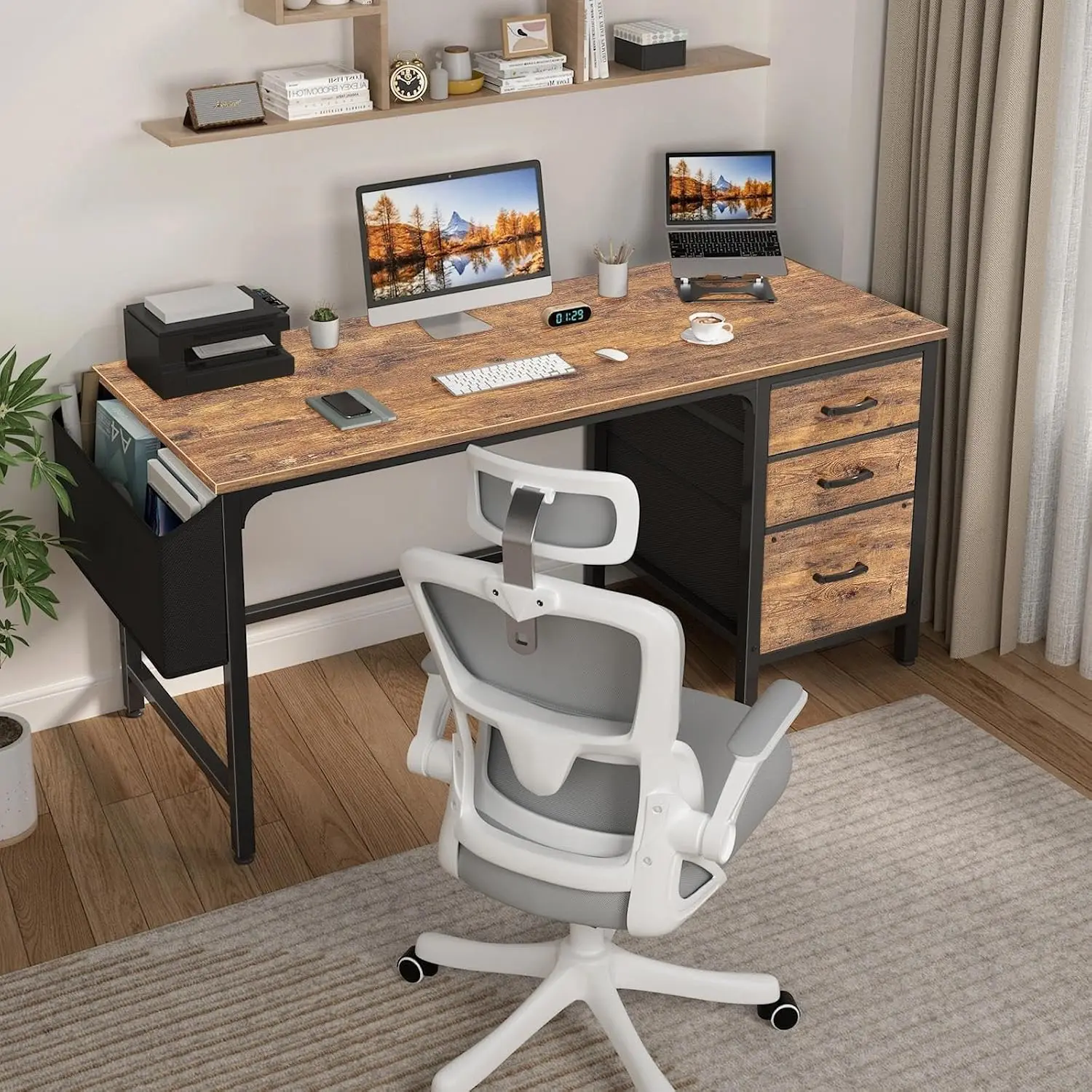 Brand new Computer Desk with Fabric File Drawers Cabinet, 55 Inch Reversible Home Office Desks with Filing Cabinet for Small
