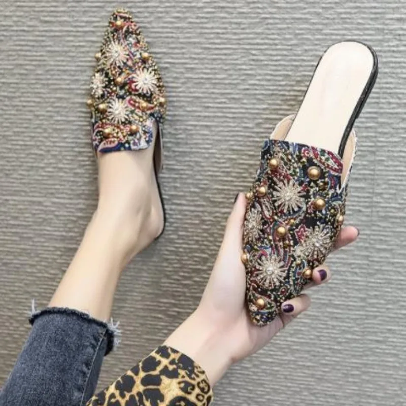 Baotou Half Drag Summer New Embroidery Flower Pointed Rhinestone Slippers for Women Anti-slip Wear-resistant Flat Shoes