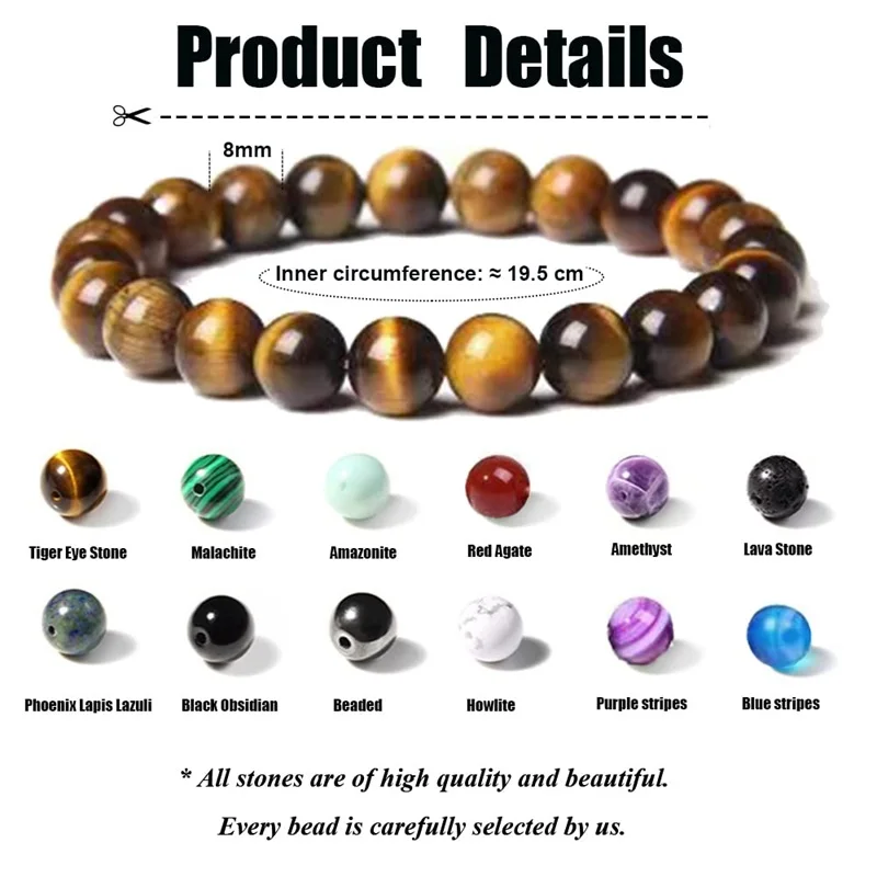 4/6/8mm Gemstones Beaded Bracelets for Men Women Stone Bead Healing Stretch Round Bead Crystal Semi-Precious Bracelets Unisex