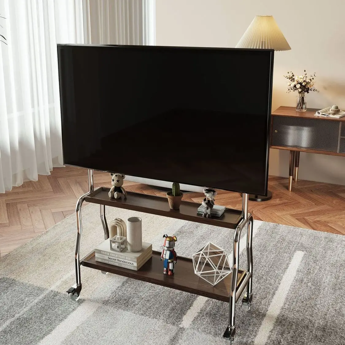 Stable TV Floor Stand for 40-80 Inches Stainless Steel Mobile Bracket Minimalist Design Sleek Stainless Steel TV Bracket