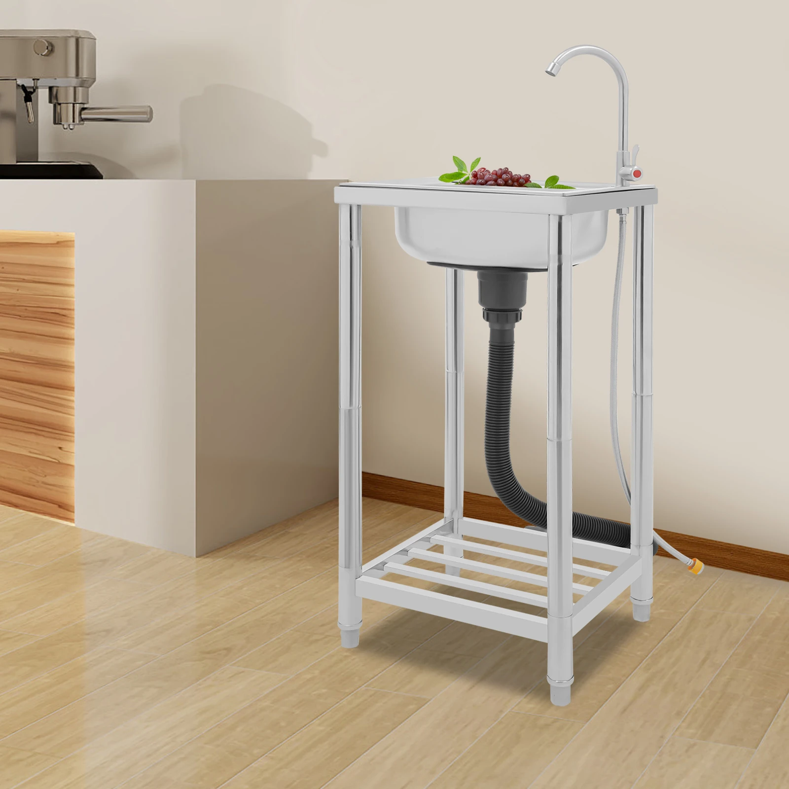 Kitchen Sink with Large Basin Silver Stainless Steel Sink 360° Rotatable Faucet Free Standing Single Bowl Sink