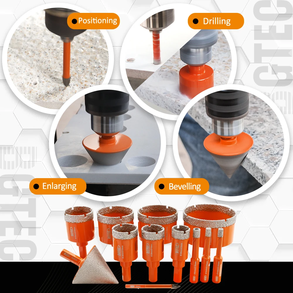 BGTEC 12 ชิ้น/กล่องเพชรเจาะ Core Bits ชุด 6/6/8/20/25/28/35/45/50/65 มม.+ 50 มม.Chamfer + เจาะตําแหน่งสามเหลี่ยม Shank กระเบื้องหินอ่อน