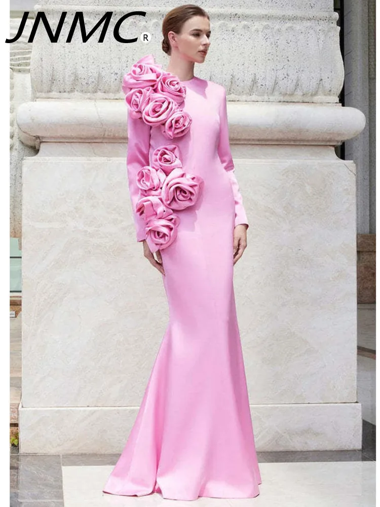 

JNMC 2024 Women's Solid Color Senior Dress Pleated Rose Three-dimensional Flowers Decorated Long Sleeve Dress Party Dress