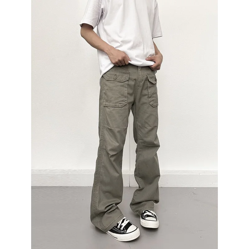Spring Autumn Men's Clothing Solid Color Elastic Pockets High Waist Trousers Cargo High Street Korean Fashion Cropped Pants