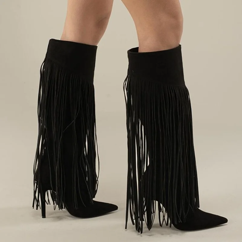 Tassel Suede Solid Knee High Boots Sexy Pointed Toe Stiletto Zipper Customized New Arrivals Fashion Women Modern Boots