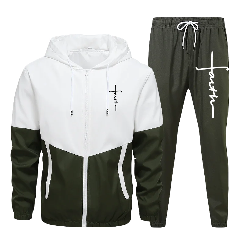 Men Sets Winter Tracksuit 2 Piece Running Hoodies Autumn Male Faith Printed Zipper Jackets  Sport Joggers Sweatpants Suit