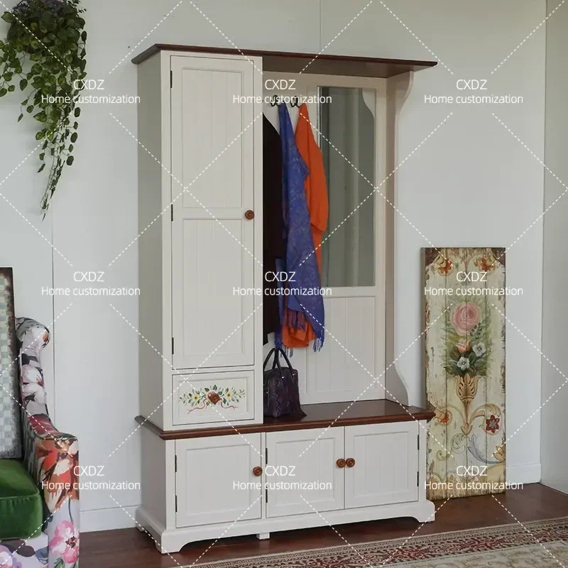 Rustic Entryway Storage Cabinet with Shoe Rack Coat Hooks and Bench Antique Style Foyer Furniture for Clothes Hats and Shoes