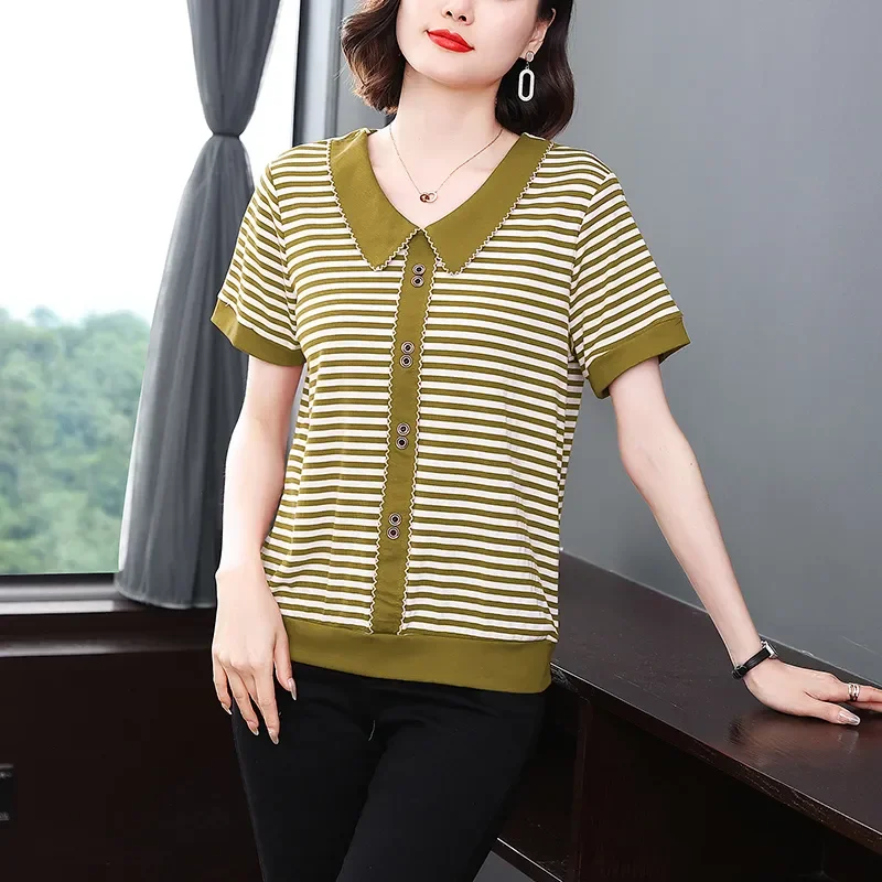 Youthful Mature Women Striped Polo T Shirt Peter Pan Collar Button Decor Short Sleeve Casual Versatile Summer Tops