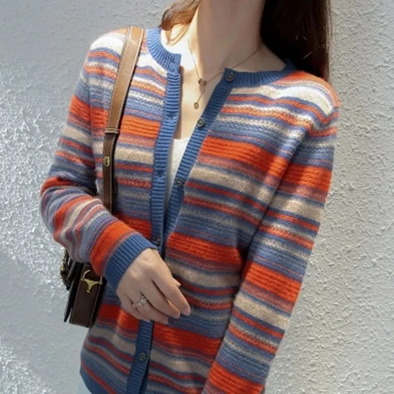 Women Thin Stripe Cardigan Spring Autumn Long Sleeve O-Neck Knitted Sweater Jacket Female Color Matching Wild Knit Tops Mujer