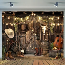 Cowboy themed Polyester background - rustic wooden doors and denim accessory party banners for birthdays, bachelorette parties