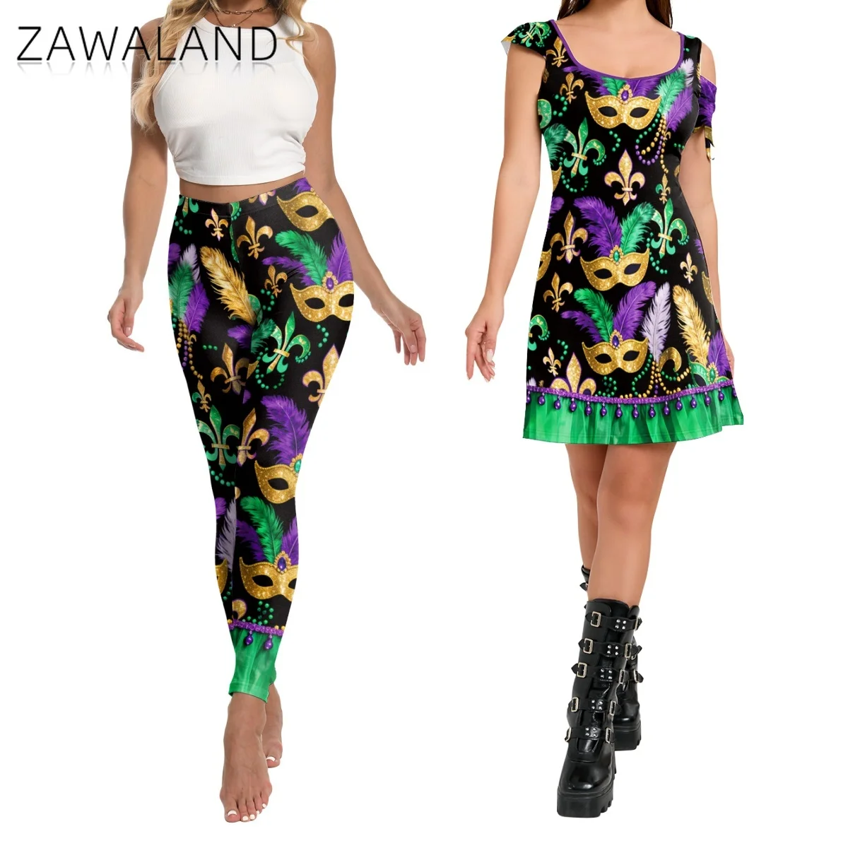 

Feather Mask Print Dress For Woman Mardi Gras Fleur-de-lis Leggings Party Cosplay Costume Carnival Festival Performance Outfits