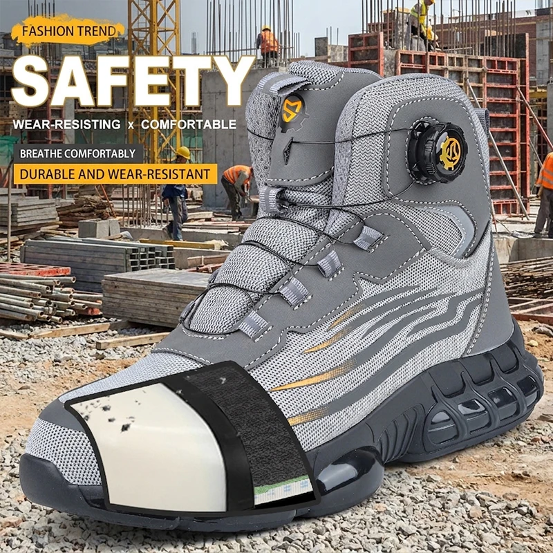 High Top Mesh Upper TPU Sole Rotary Buckle Steel Cap Puncture Proof Impact Resistant Safety Shoes Unisex for Heavy Duty