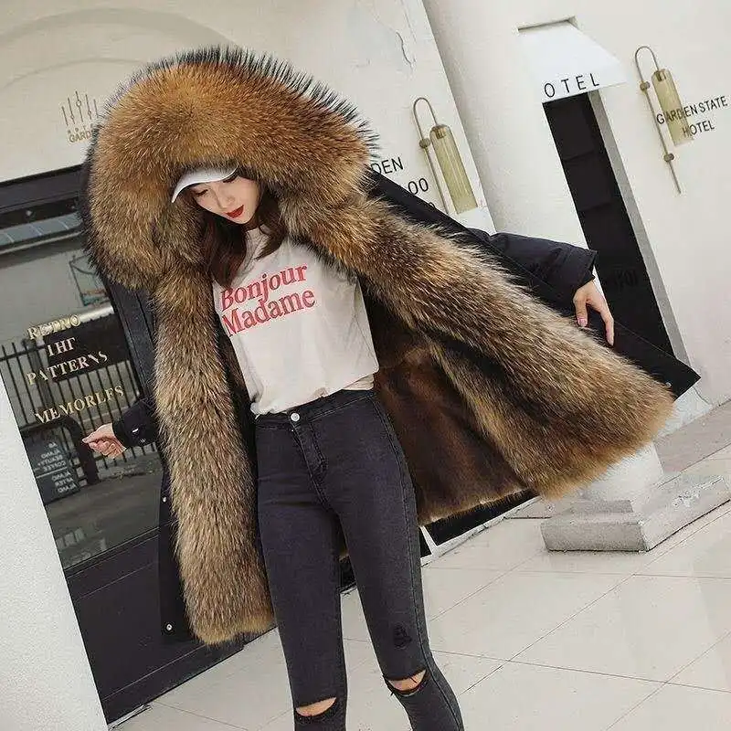 Fodera staccabile Capispalla in pelliccia di procione da donna Cappuccio peloso monopetto Giacca in pelliccia di visone femminile Cappotto in pelliccia ecologica da donna caldo a due lunghe